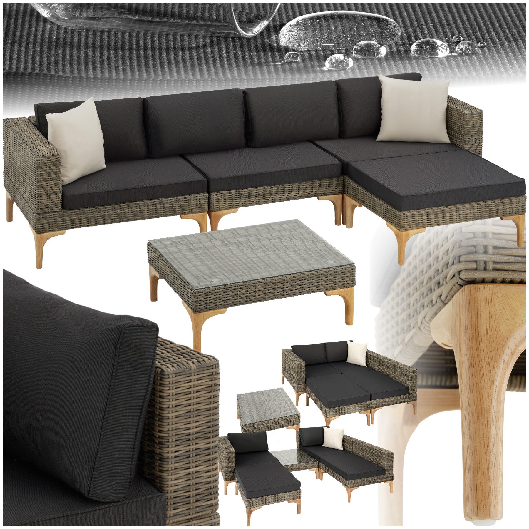 tectake Loungeset Rattan Sitzgruppe mit Aluminiumgestell, hochwertiges Geflecht, (Gartenlounge-set Konstanza, 5-tlg., geeignet für Outdoor in Natur), wetterfest und UV-beständig, Dicke der Sitzpolster 8 cm