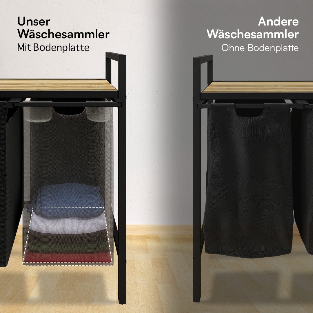 STEELSØN Wäschekorb Rigil aus Metall (2 Fächer (90 L) mit 1 Bambus-Ablage, schwarz), auch verfügbar mit 3 oder 4 Fächern, ausziehbar & abnehmbar – Bild 5 von 5