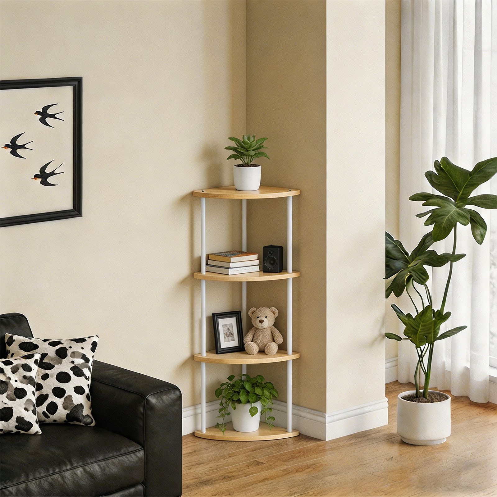 JEOBEST Eckregal Bücherregal mit 4 Ebenen, Aufbewahrungsregal, Pflanzenregal, H: 93cm, Industrial-Design, mit Stahlrahmen – Bild 2 von 5