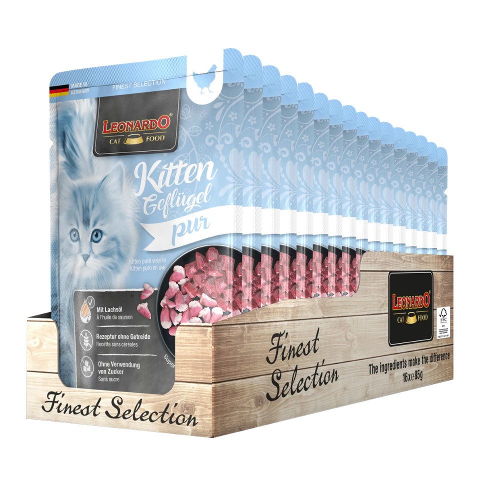 Leonardo Catfood Kitten Geflügel Pur - getreidefreies Nassfutter mit Lachsöl 16x85g, Nassfutter für: Katzen