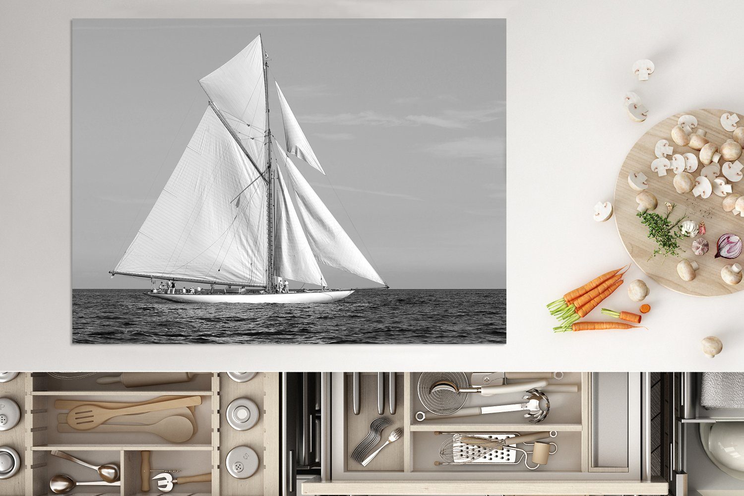 MuchoWow Herdblende-/Abdeckplatte Segelboot bei Saint weiß, und (1 Ceranfeldabdeckung tlg), Mobile Arbeitsfläche nutzbar, schwarz Vinyl, Tropez cm, - 70x52
