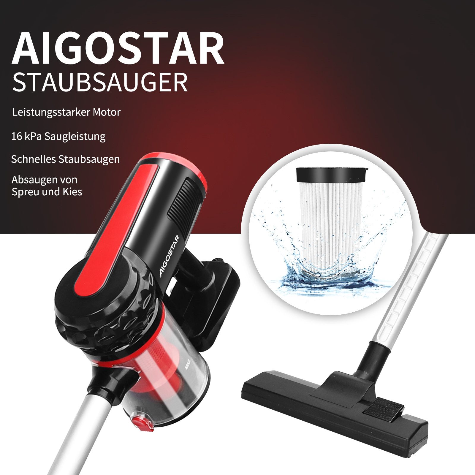 Aigostar Hand-und Stielstaubsauger Staubsauger mit Kabel 4 in 1, 15KPA, 1L/1,2L Leicht& Ideal für Zuhause, 600,00 W, beutellos, HEPA-Filter-System, Leicht und bequem