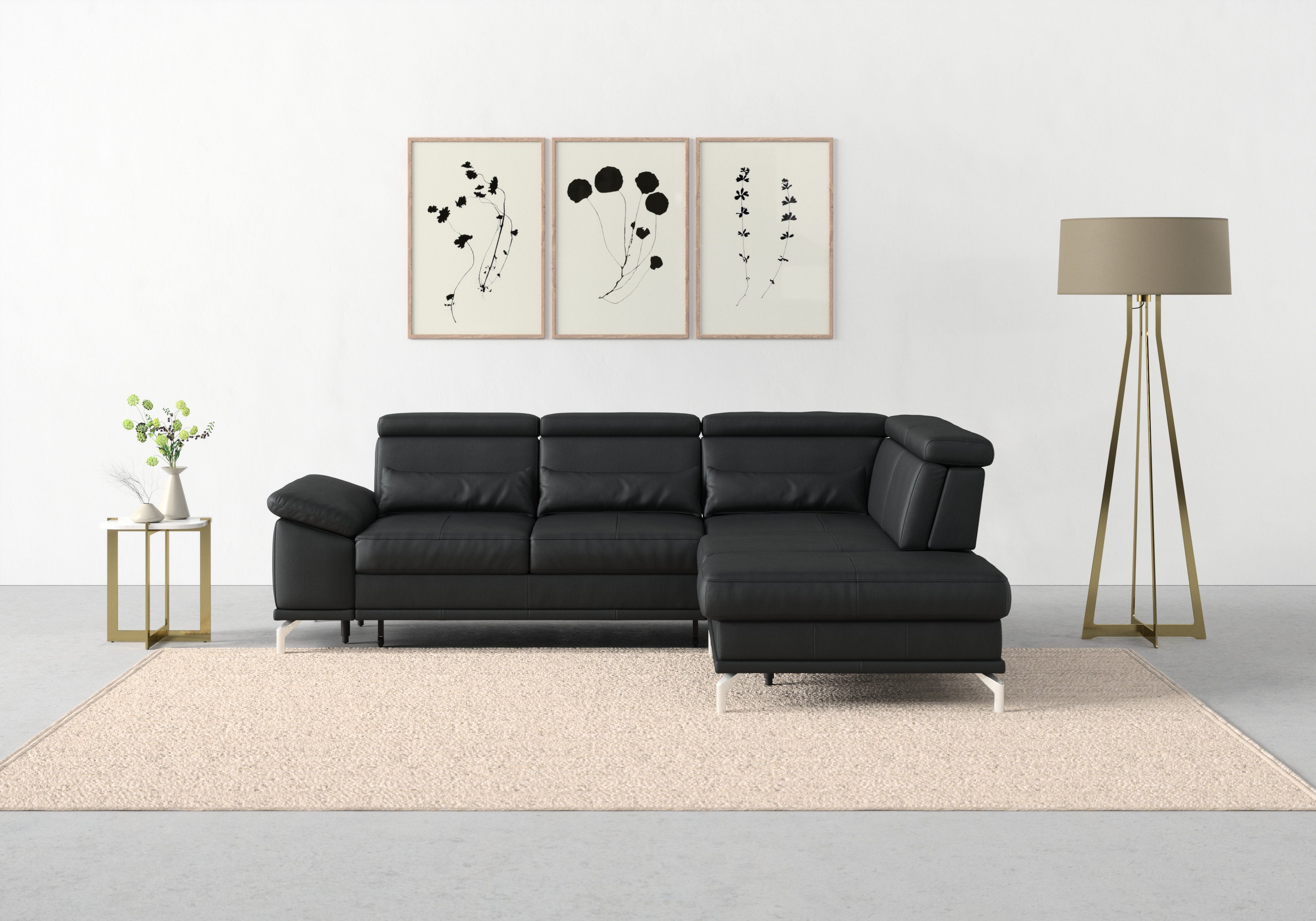 sit&more Ecksofa Cabrio L-Form, B: 274 cm, mit Sitztiefen-, Arm- & Kopfteilverstellung, 3 Nierenkissen, Federkern, optional Bettfunktion und Stauraum