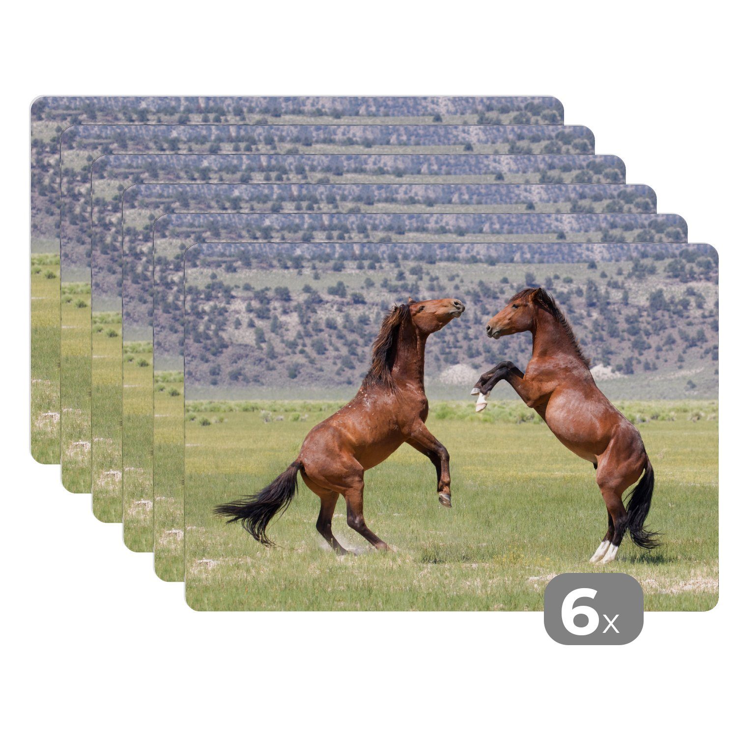 Platzset, Zwei kämpfende Mustang-Pferde, MuchoWow, (6-St), Platzset, Platzdecken, Platzmatte, Tischmatten, Schmutzabweisend