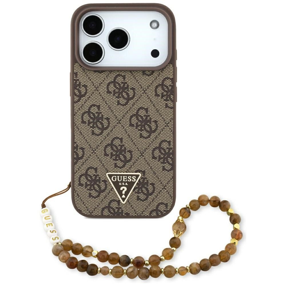 Guess Handyhülle Case iPhone 17 Pro Kunstleder braun MagSafe Logo Kette 6,3 Zoll, Kantenschutz