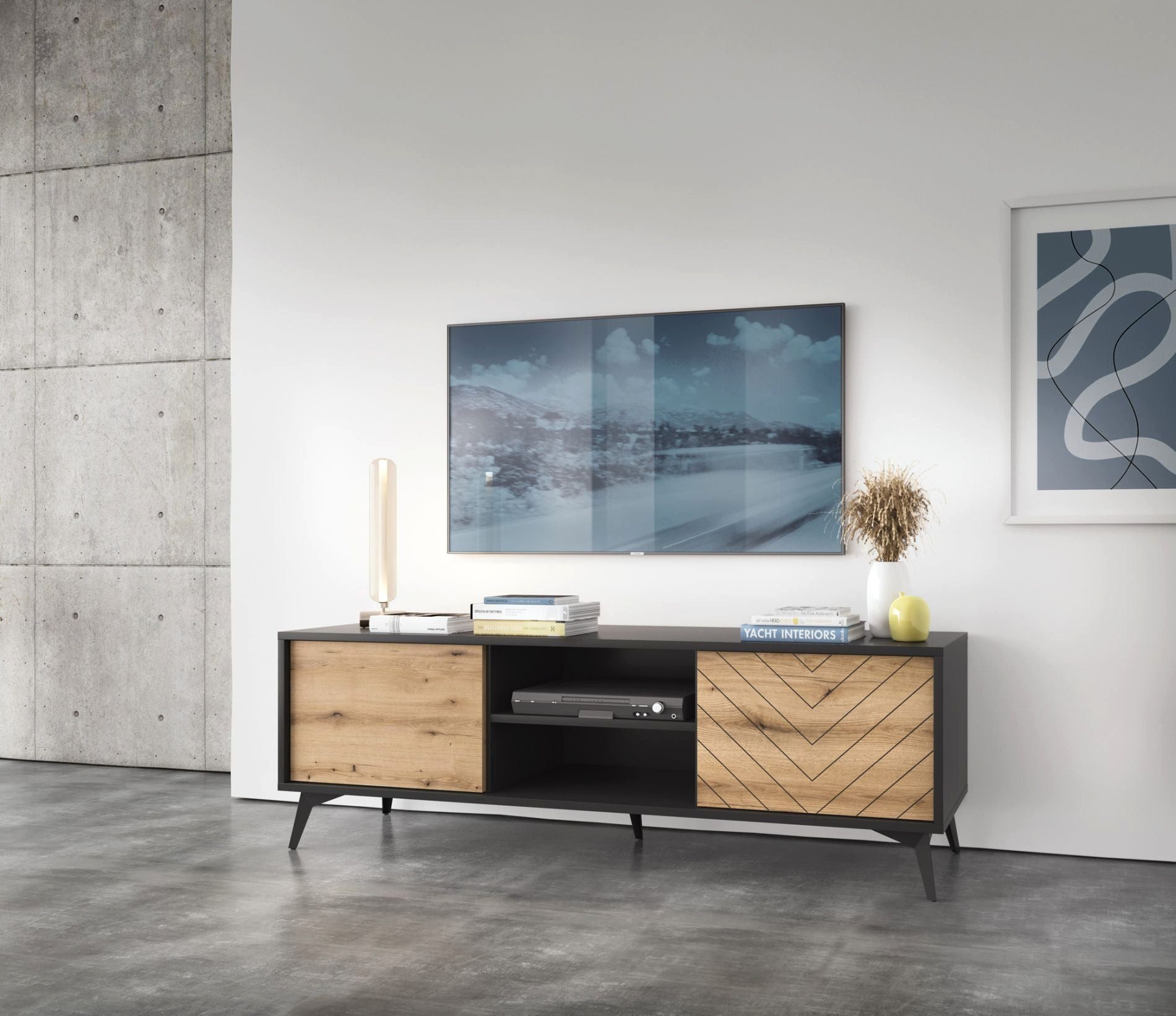 Selsey TV-Schrank BOULIA TV-Lowboard 154 cm, schwarz mit Fronten in Eicheoptik, Fischgrätmuster