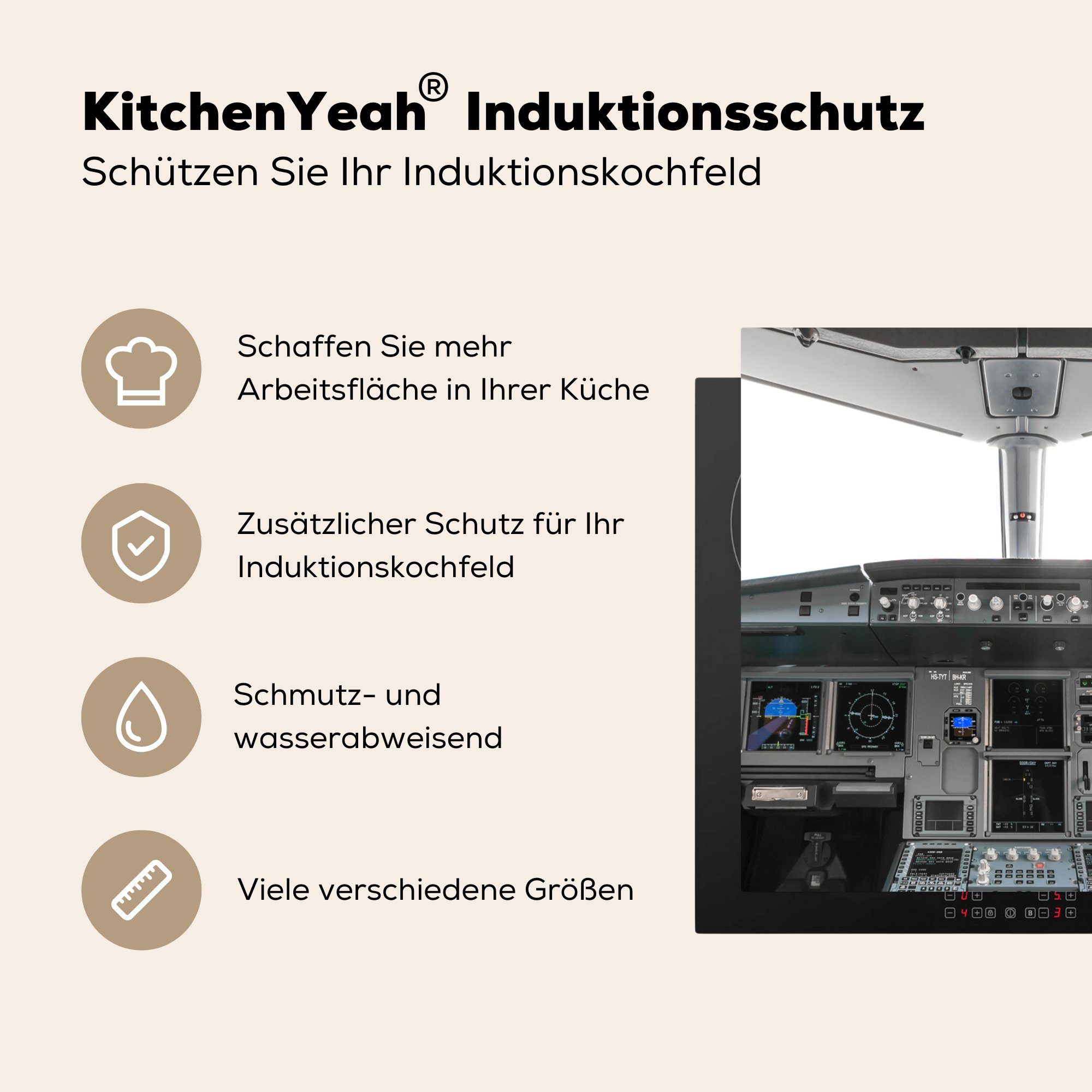 MuchoWow Herdblende-/Abdeckplatte Cockpit - küche Simulator, für 78x78 Ceranfeldabdeckung, (1 - Arbeitsplatte Vinyl, cm, tlg), Flugzeug