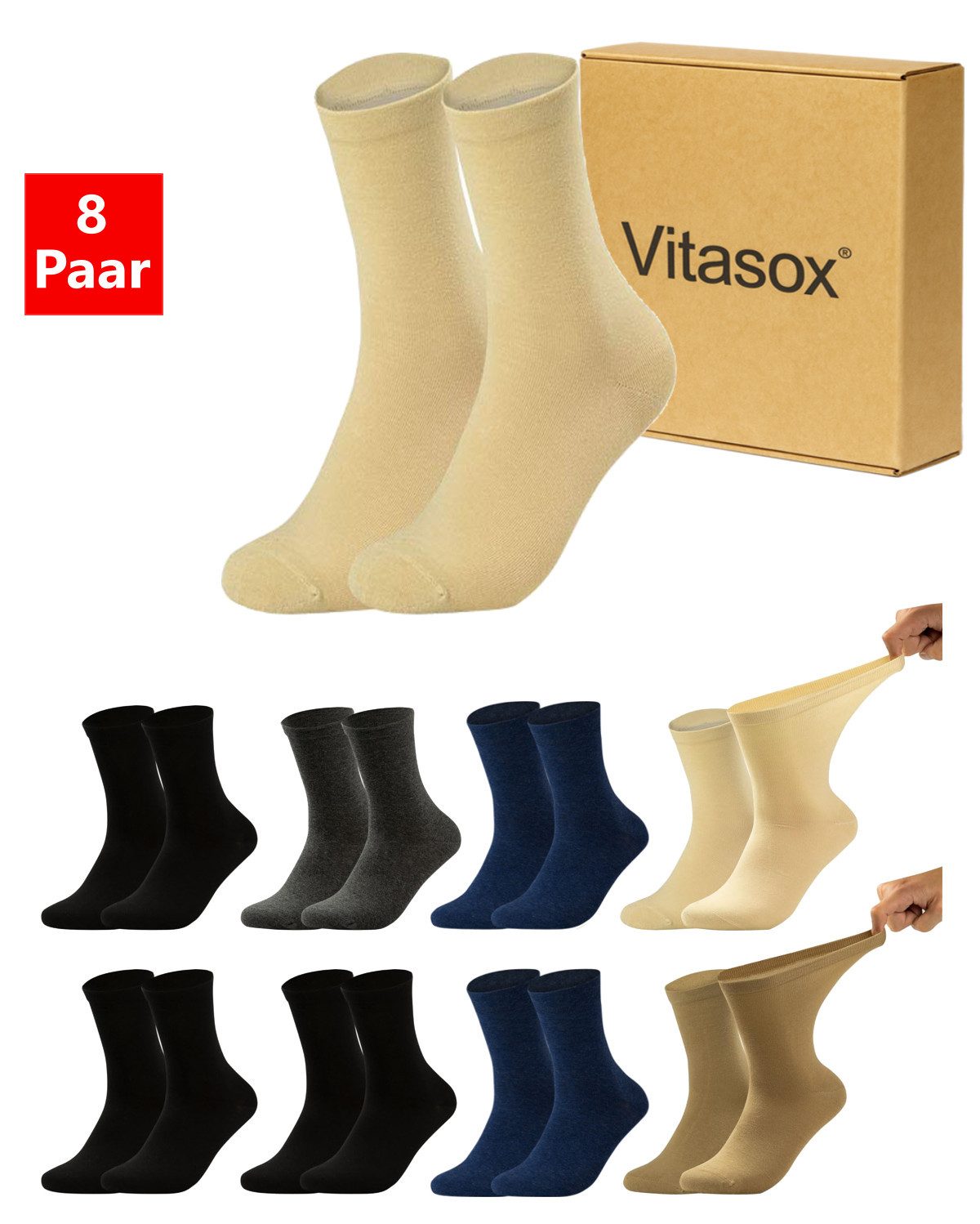 Vitasox Diabetikersocken für Damen - Gesundheitsstrümpfe ohne Einschneiden und Abdrücken (8-Paar) mit weichem und dehnbarem Komfortbund ohne Gummi