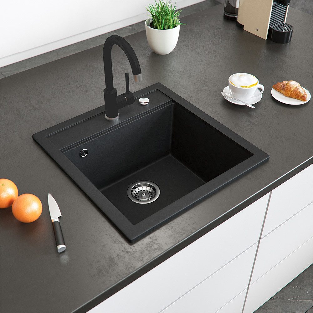Bergstroem Granitspüle, Schwarz, 49 x 50 cm mit Armatur Schwarz, Rechteckig günstig online kaufen