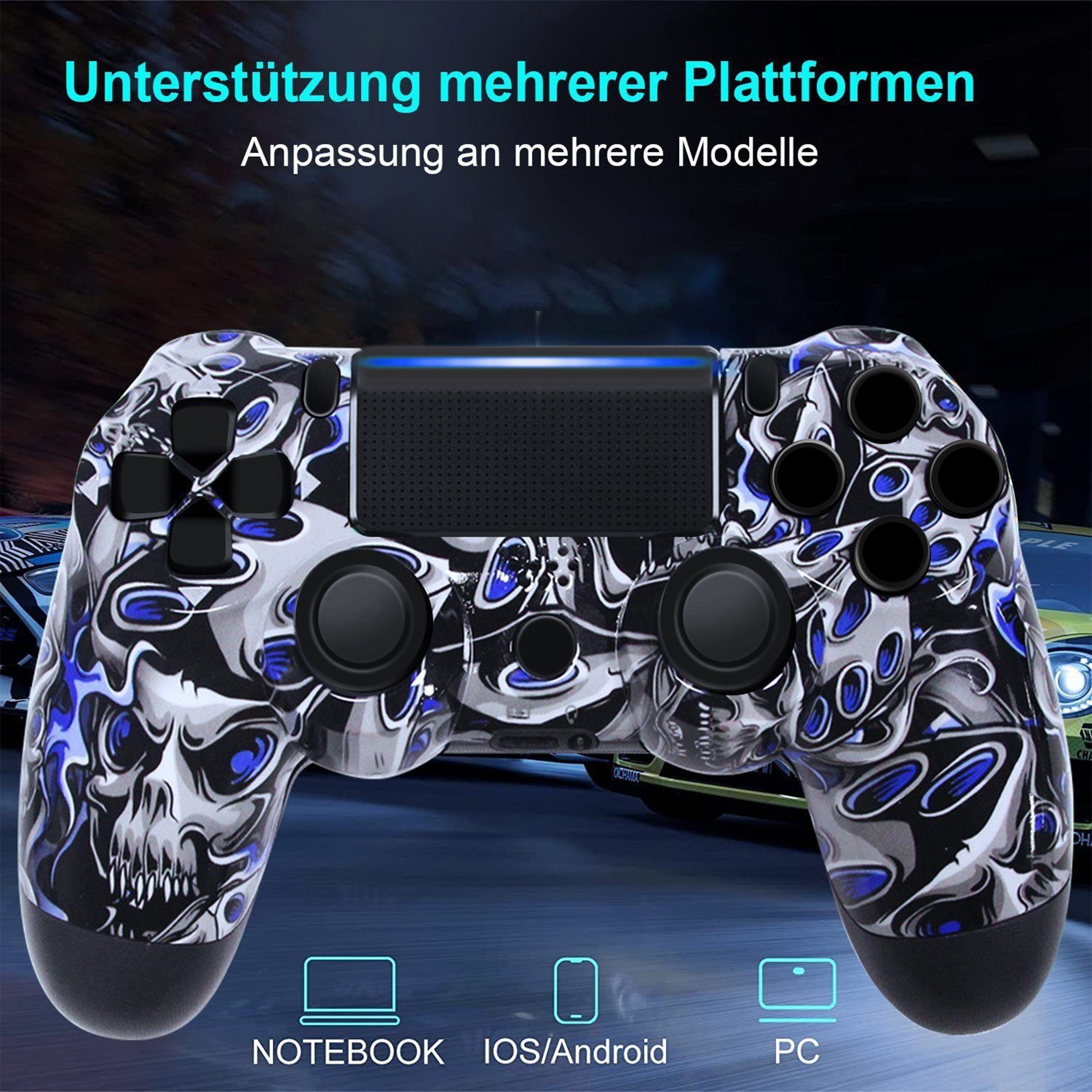 KINSI Wireless Gamepad, PS4, Blau-Todesgeist PlayStation Bluetooth, 4-Controller für Controller