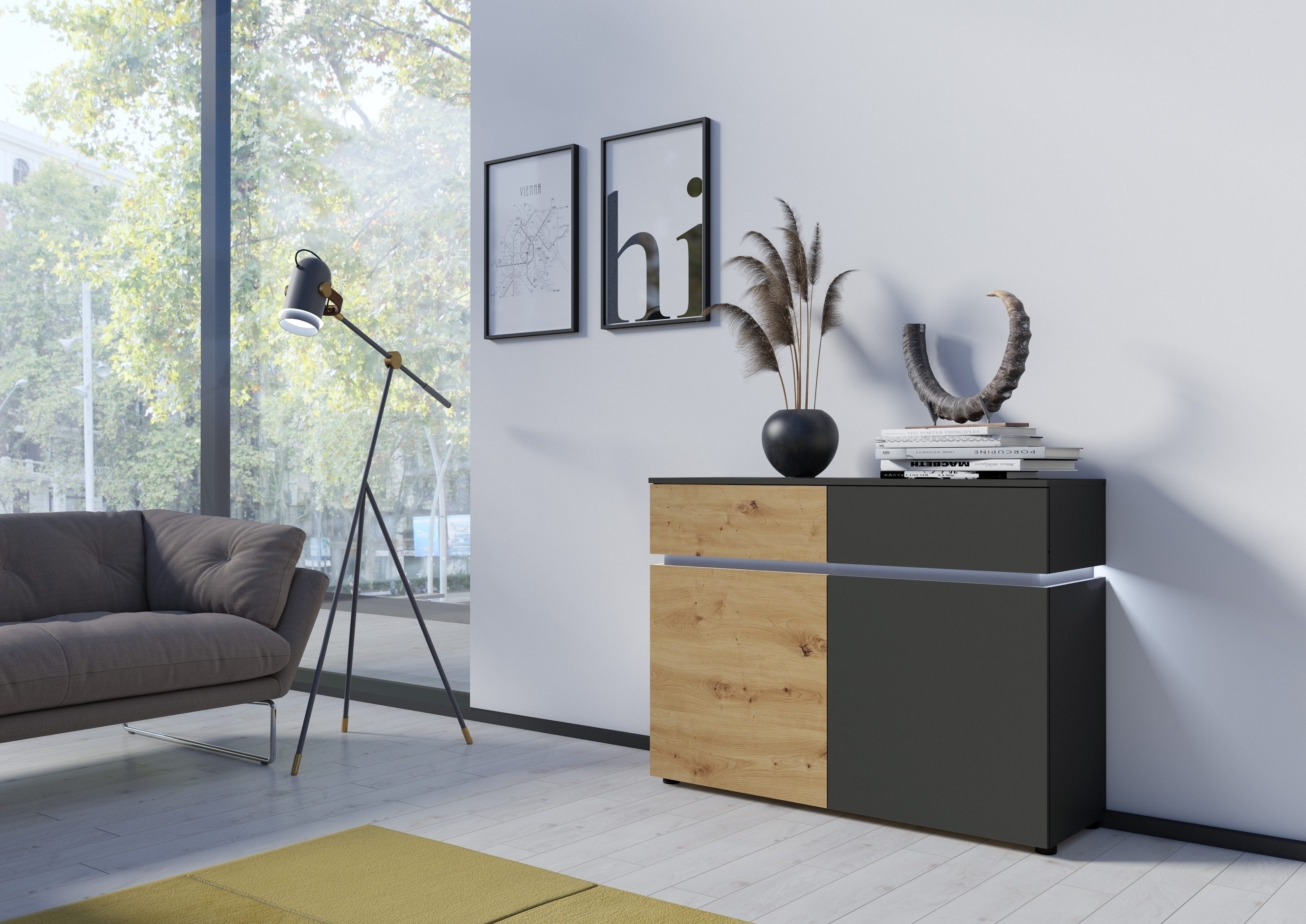 freiraum Kommode LUCI, 2 Türen, 2 Schübe, Artisan Eiche Dekor/Kosmos Grau - 120x90x40cm BxHxT
