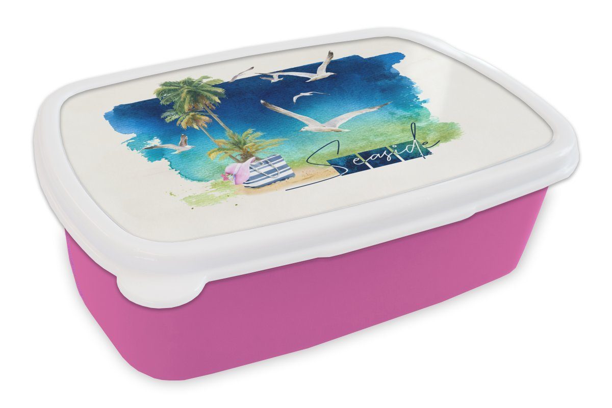 MuchoWow Lunchbox Vogel - Palme - Himmel - Strand, Kunststoff, (2-tlg), Brotbox für Erwachsene, Brotdose Kinder, Snackbox, Mädchen, Kunststoff rosa