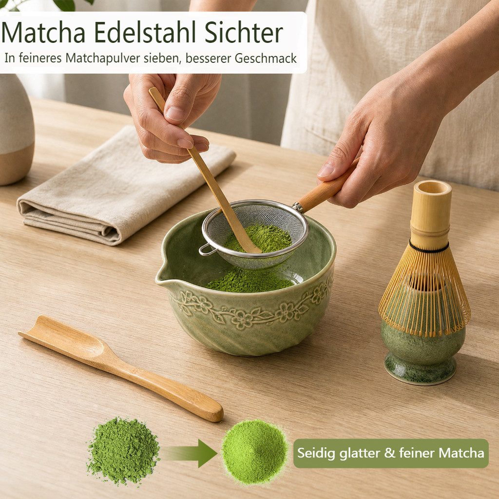 VONATES Teeservice 9-teilig Matcha Set mit Matcha-Schale, Bambus-Besener & Halter, Sieb, Löffel, Tuch, Eisform, aus Bambus und Keramik für Teezeremonie – Bild 3 von 5
