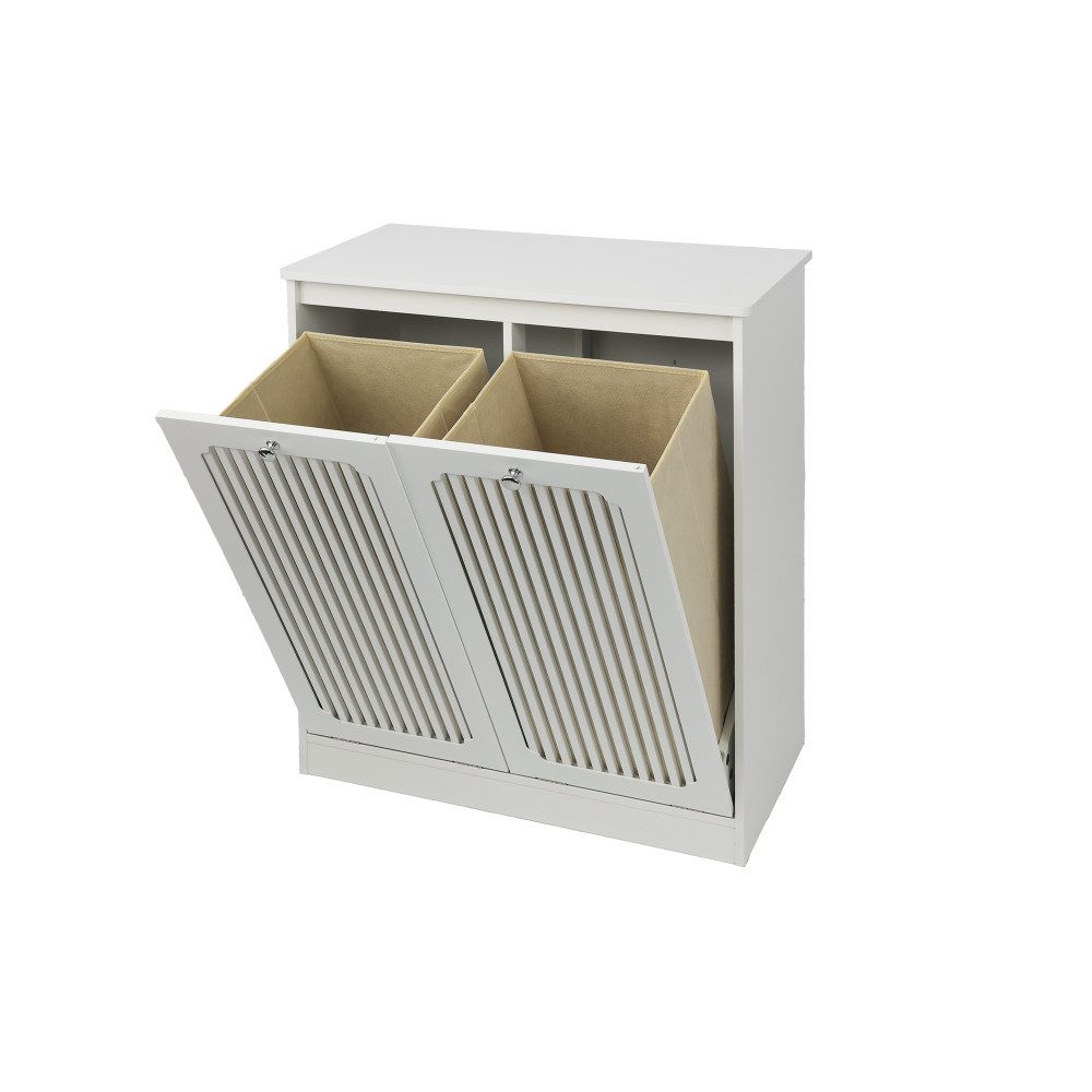 BBWL Wäschekorb Weiß 66 x 35 x 76 cm, 2 Stofffächer, kippbare Lamellenfront, Wäscheschrank, lappdeckel, Wäscheaufbewahrung mit Ablagefläche – Bild 2 von 5