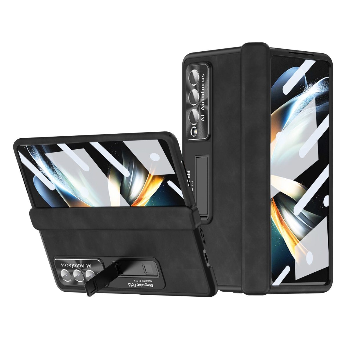 Wigento Handyhülle Für Samsung Galaxy Z Fold4 5G All-inclusive 360 Grad Napa Magnetische Handy Tasche Etuis Schwarz Neu