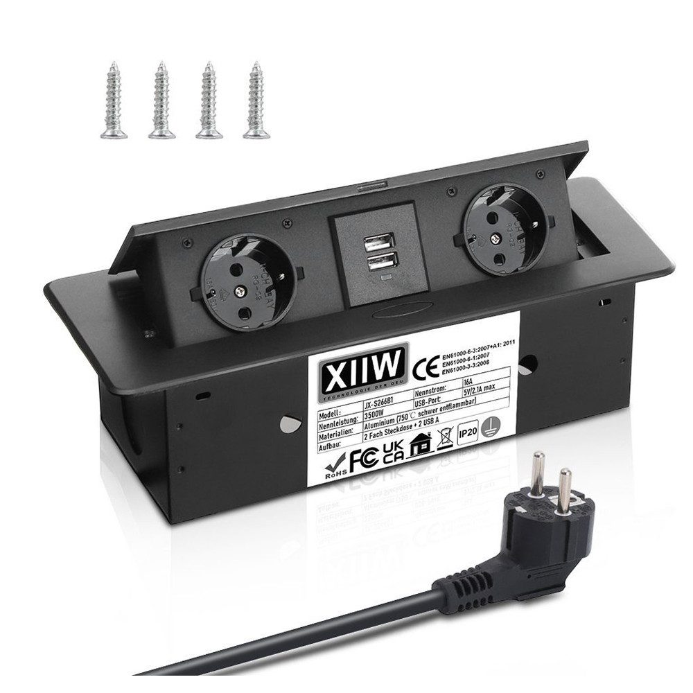 XERSEK Mehrfachsteckdose Versenkbare Unterbau Einbau-Tischsteckdosenleiste Mehrfachsteckdose 2-fach (USB-Anschlüsse, Netzteil, aus Aluminium, (inkl. Netzteil, Schutzkontaktstecker, Kabellänge 1.8 m), 2 Fach und 2 USB - 230V- 3500W - 26.5*11.8*6.5 cm - Schwarz, Kabellänge 1.8 m)