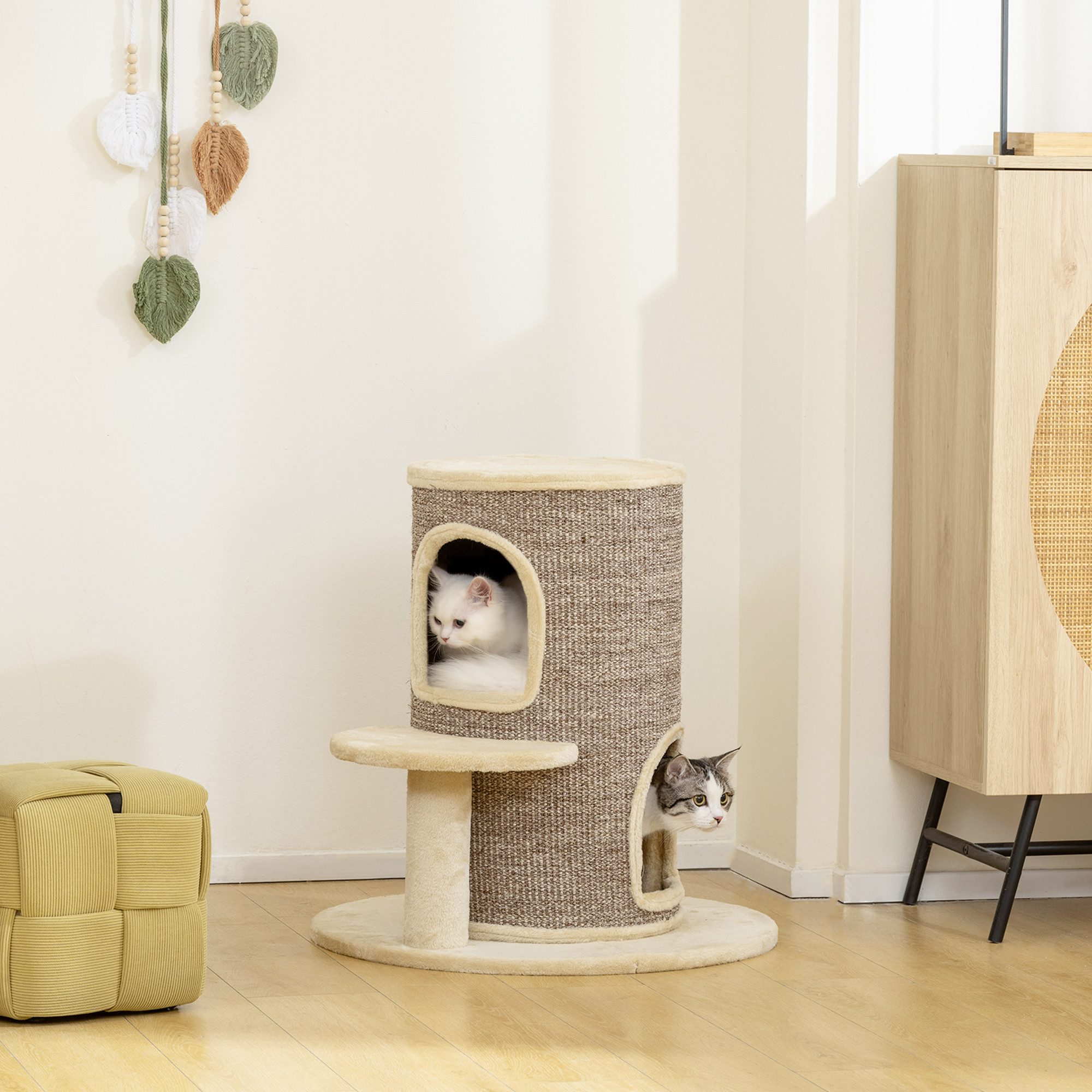 PawHut Kratztonne Katzentonne mit 2 Höhlen, Kratzbaum mit Sprungplattform, Plüsch, (Katzenturm, 1-tlg., Zweistöckige Katzentonne mit Sisalseil), Beige+Braun