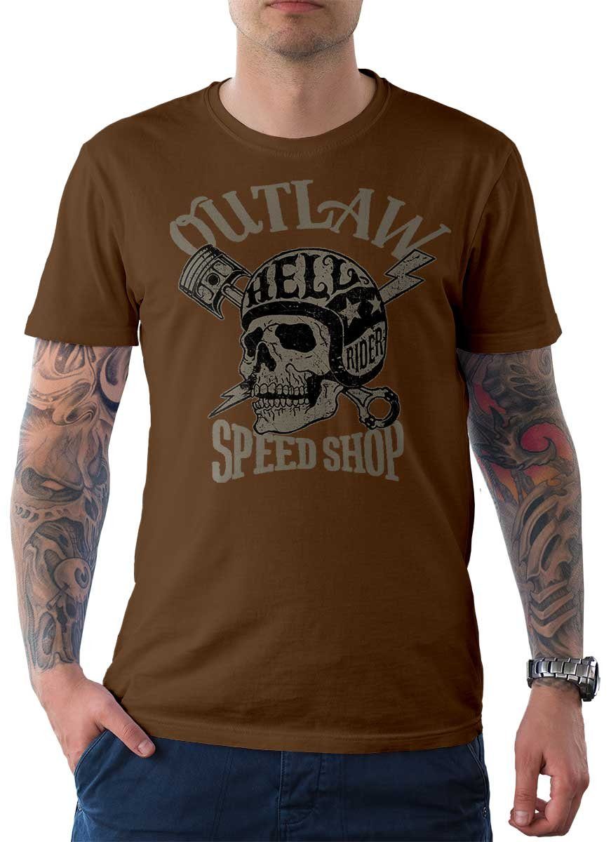 Rebel On Wheels T-Shirt Herren T-Shirt Tee Outlaw Speed Shop mit Biker / Motorrad Motiv Braun
