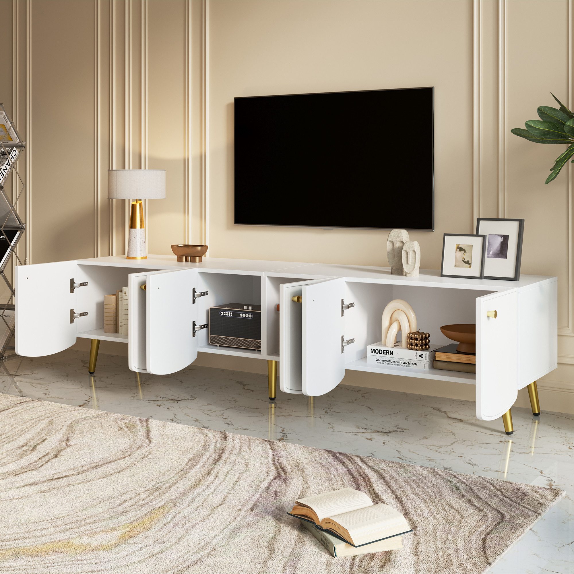 Flieks Lowboard mit 6 Türen und 4 Fächern, goldfarbener Metallgriffe und Metallfüße (180x40x45 cm, 1 St), TV-Schrank TV-Board Fernsehschrank TV-Ständer Weiß