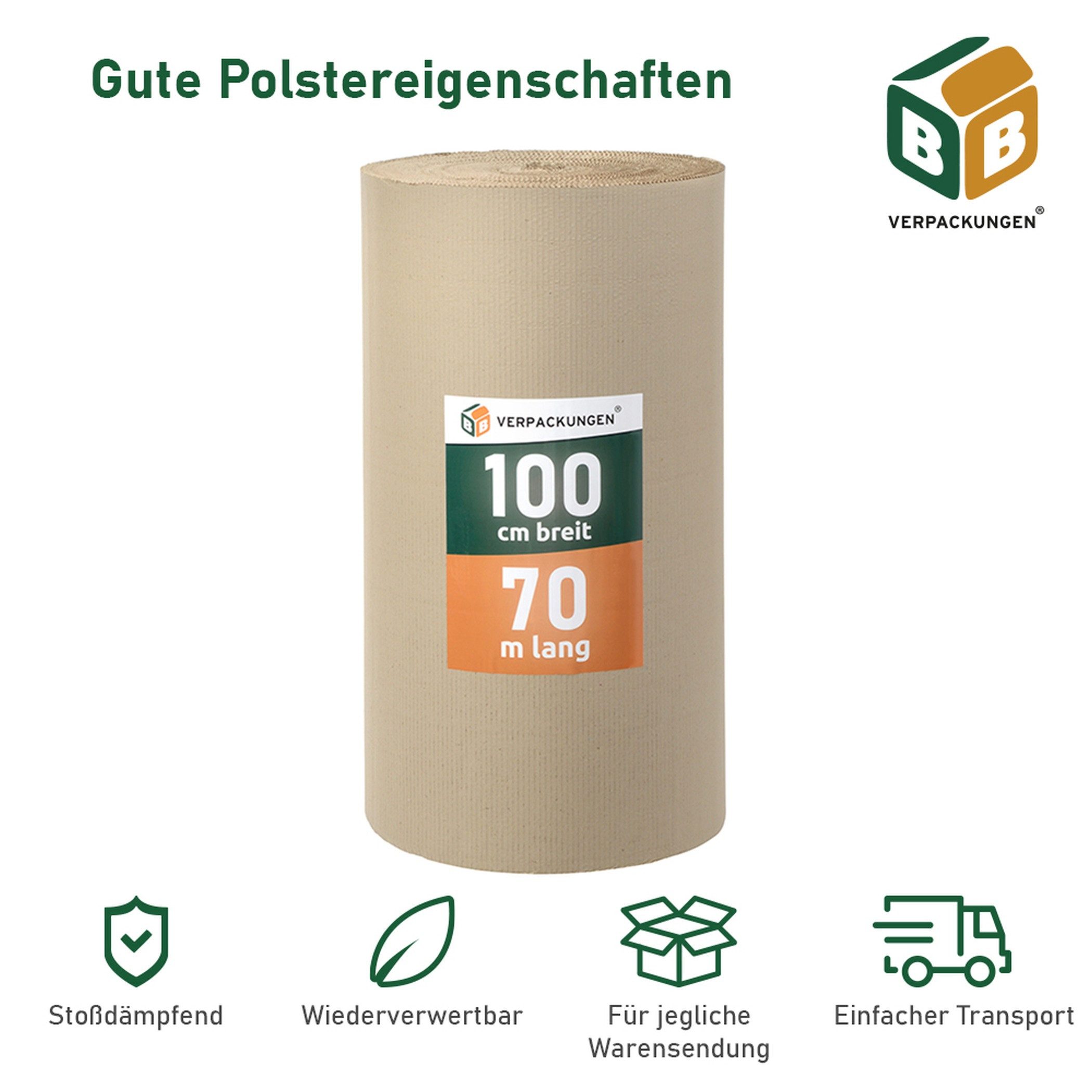 BB-Verpackungen Packpapier Rollenwellpappe 70 m², (1St), Braun, 1 m x 70 m, 75 g/m²