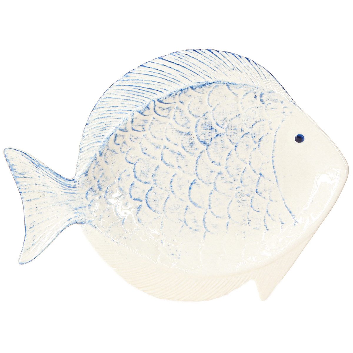 Dekofigur Deko Teller Fisch Keramik Blau Weiß 30x22cm Tischdeko Maritim