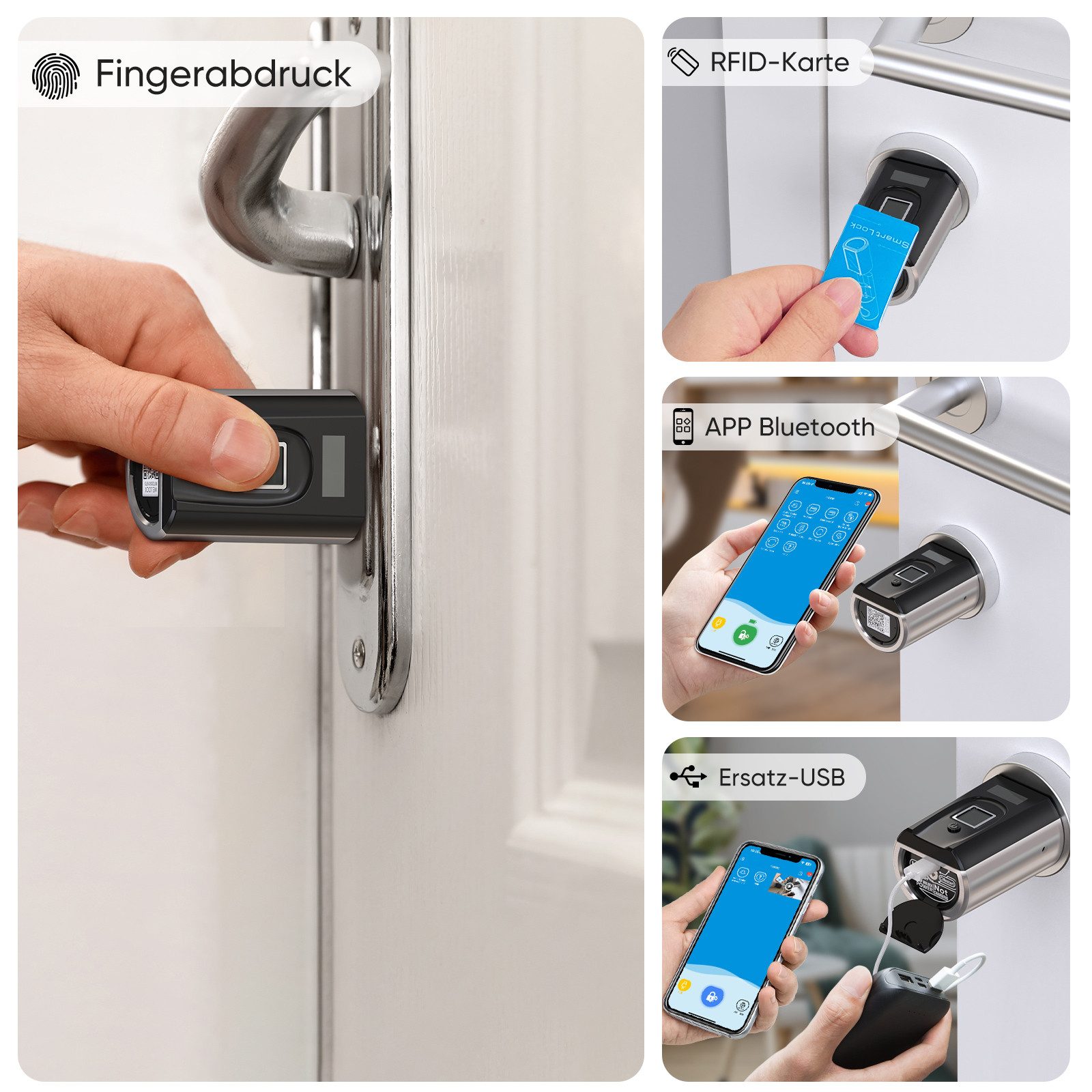 WE.LOCK Türschloss-Funksteuerung WELOCK Türschloss Fingerabdruck F51 für 30-70mm Türen, für Wohnungstüren, Zimmertüren, Bürotüren, Abstellraumtüren, Haustüren (Türen mit Traufe), Packung, Smartes türschloss x1, RFID-Karte x3, Anleitung x1, Zubehörbox x1, Fingerabdruck, RFID-Karte, APP, USB-Entsperrung; einfache Installation
