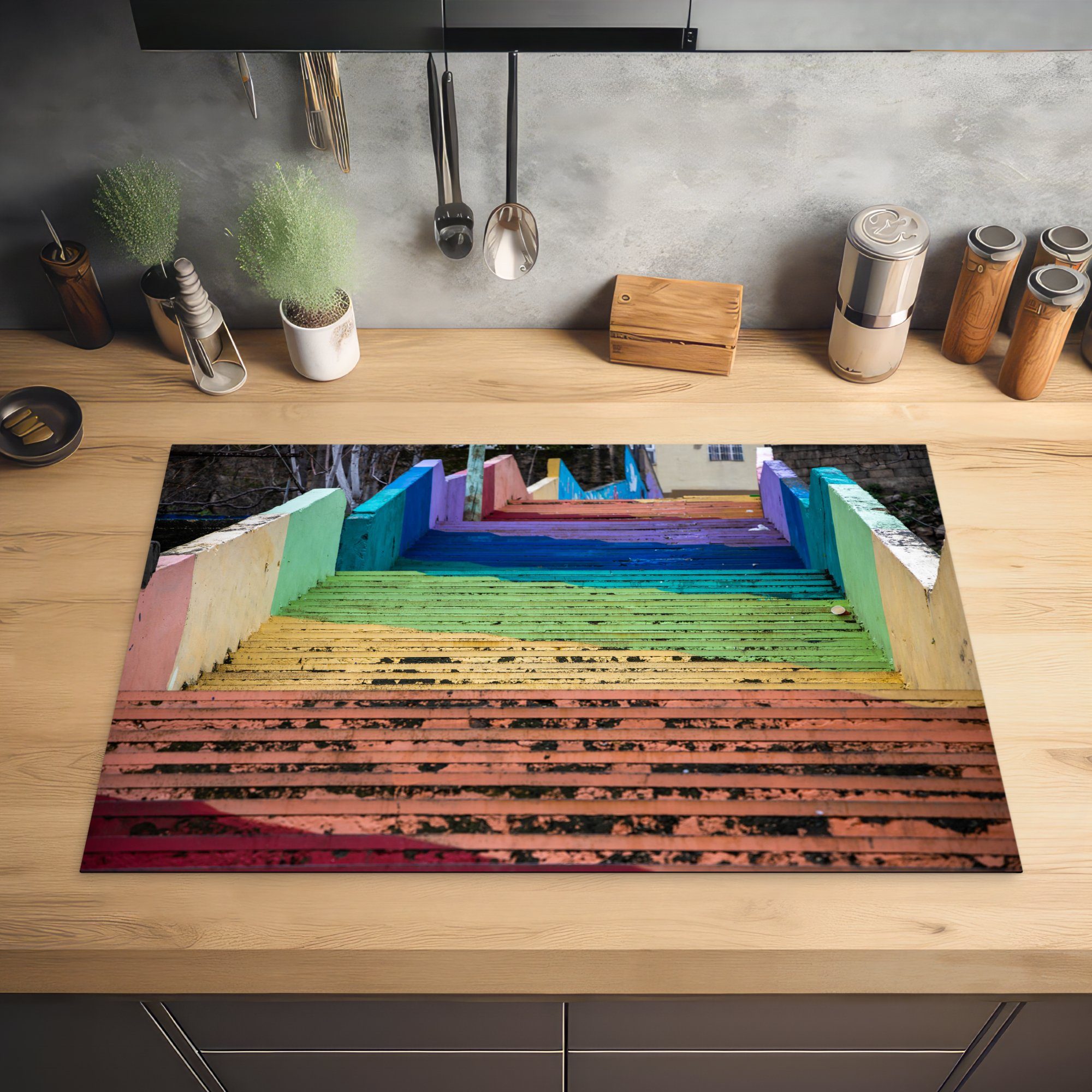 Induktionskochfeld Ceranfeldabdeckung küche, einer Regenbogenfarben in Treppe Jordanien, die MuchoWow 81x52 cm, Schutz auf Vinyl, für Herdblende-/Abdeckplatte tlg), (1