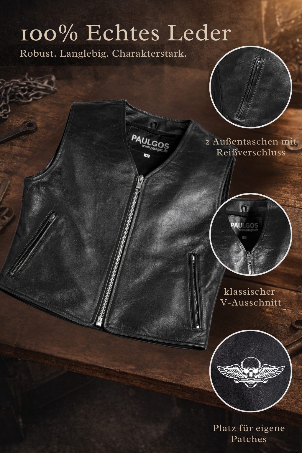 PAULGOS Motorradweste Lederweste Biker Kutte Clubweste Chopper Weste 100% Echtleder - BW12