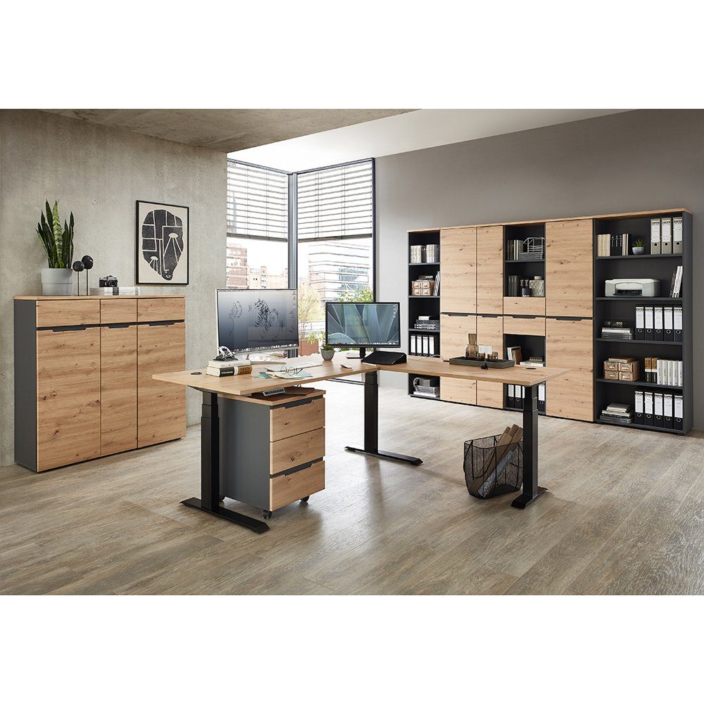 Lomadox Büromöbel-Set MANRESA-36, (Spar-Set, 9-tlg., 9-tlg), mit höhenverstellbarem Winkelschreibtisch, graphit mit Eiche