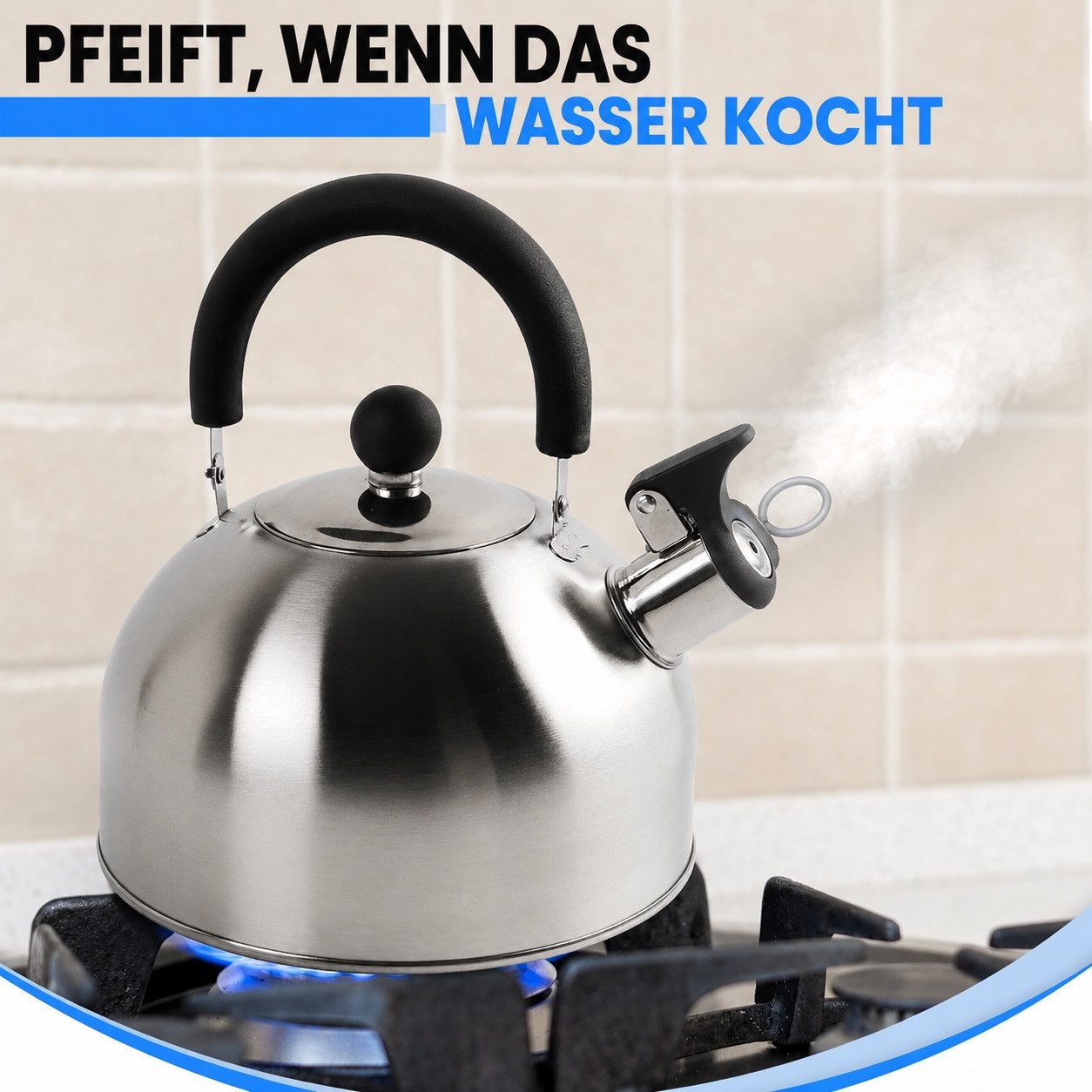 MOPUEA Wasserkessel 2,5 Liter Edelstahl Flötenkessel Teekessel Wasserkocher Pfeifkessel, (Outdoor Picknick Camping Kaffeekanne für Kochen im Freien, 1-tlg., Geeignet für verschiedene Herdarten und Grill Teekessel groß), Campingkessel Edelstahl Wasserkocher