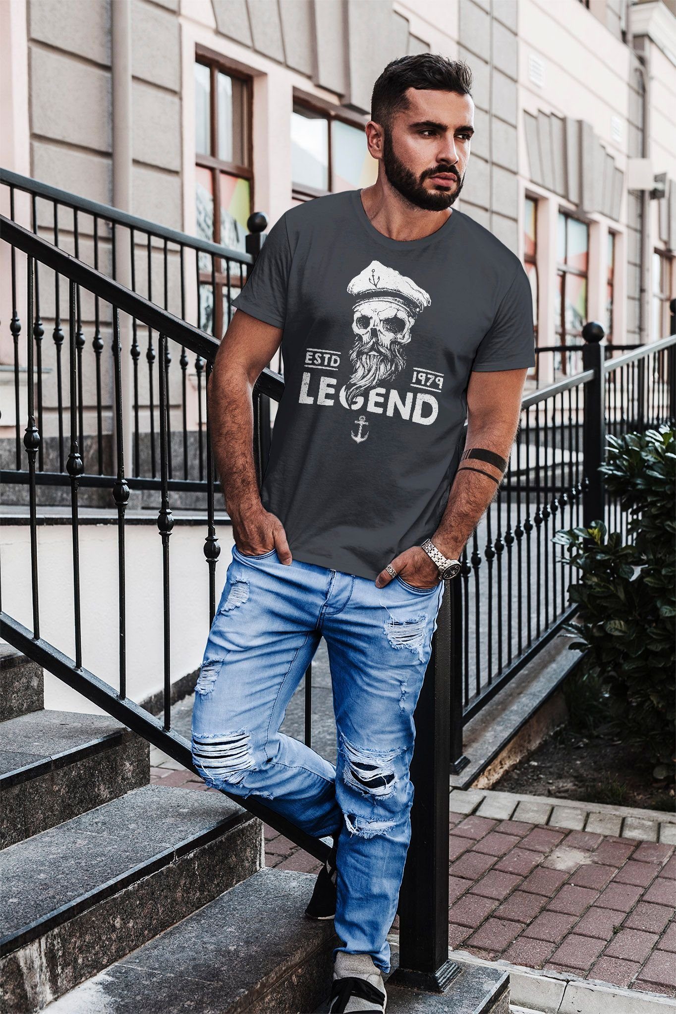 Neverless Print-Shirt Herren T-Shirt Skull Slim Print mit grau Fit Totenkopf Kapitän Captain Bart Legend Neverless®