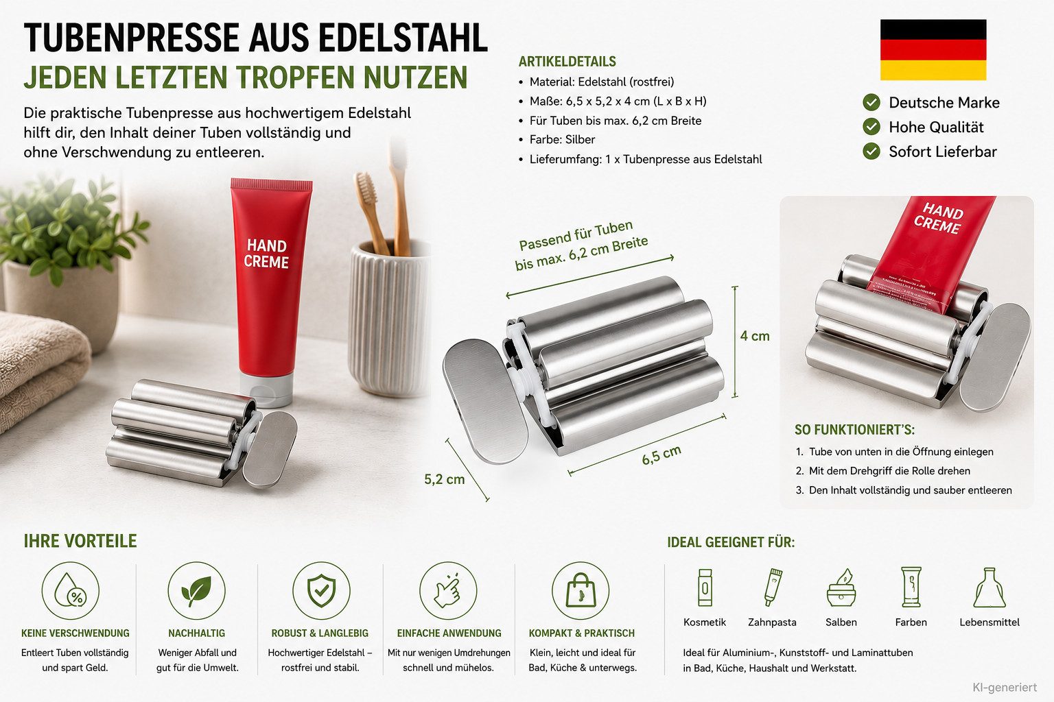 HH-Haushalt Tubenquetscher Edelstahl Tubenpresse Tubenquetscher für Zahnpasta Creme & Salben