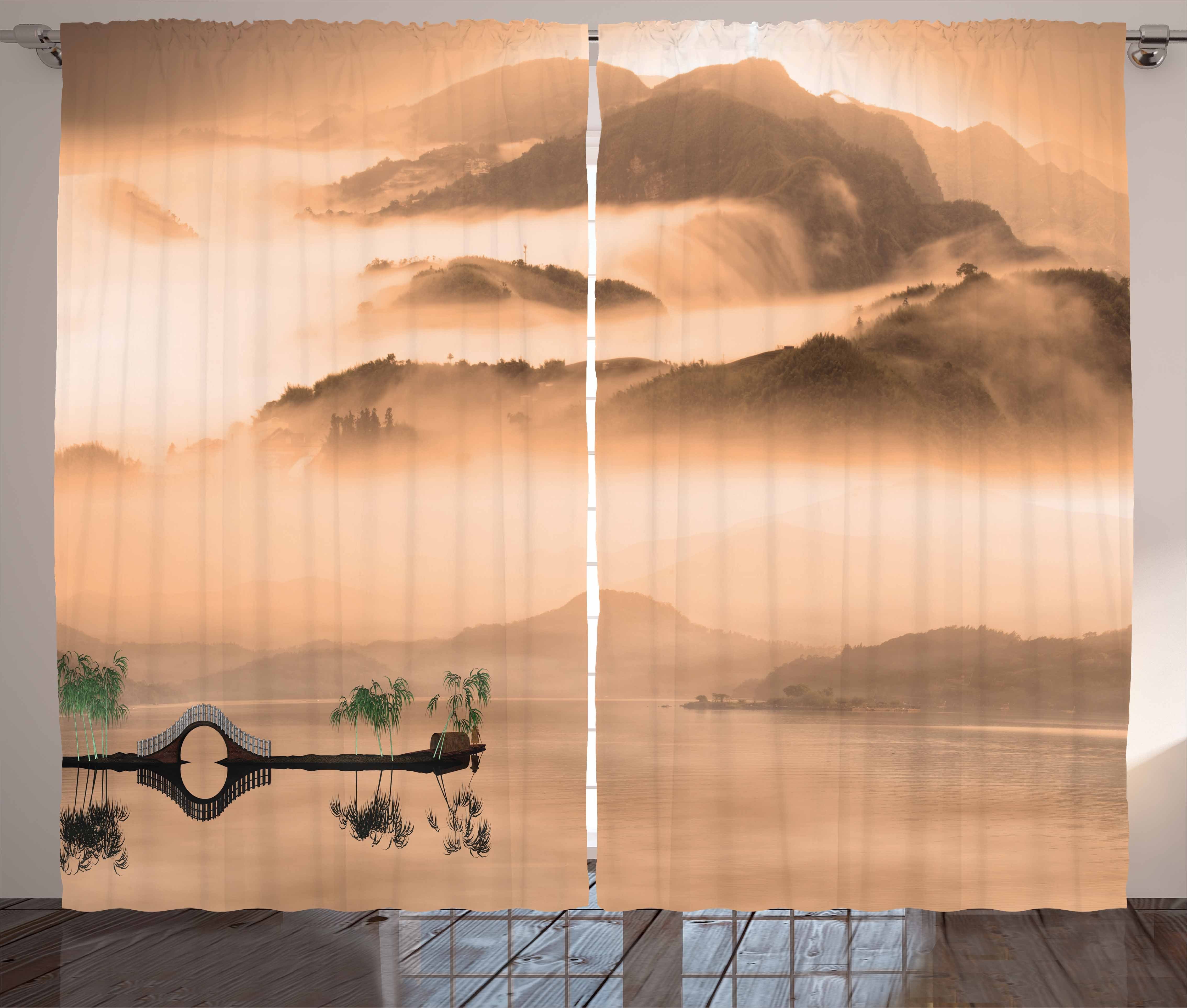 Gardine Schlafzimmer Kräuselband Vorhang mit Schlaufen und Haken, Abakuhaus, Kunst Chinesische See-Landschaft