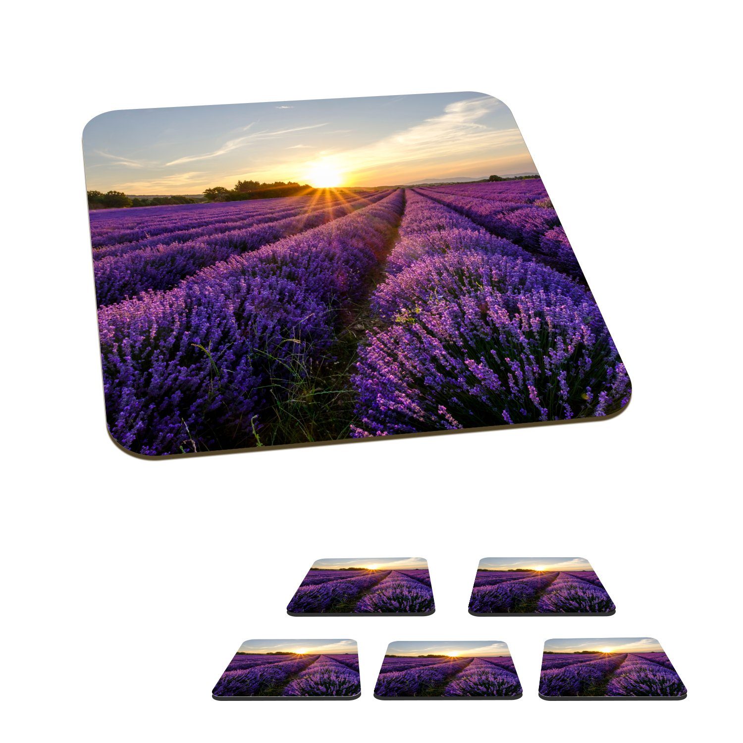 MuchoWow Glasuntersetzer Lavendel Tasse Sonnenuntergang - Korkuntersetzer, Gläser, Lila, Zubehör - für Blumen Tischuntersetzer, - 6-tlg., Glasuntersetzer, Untersetzer