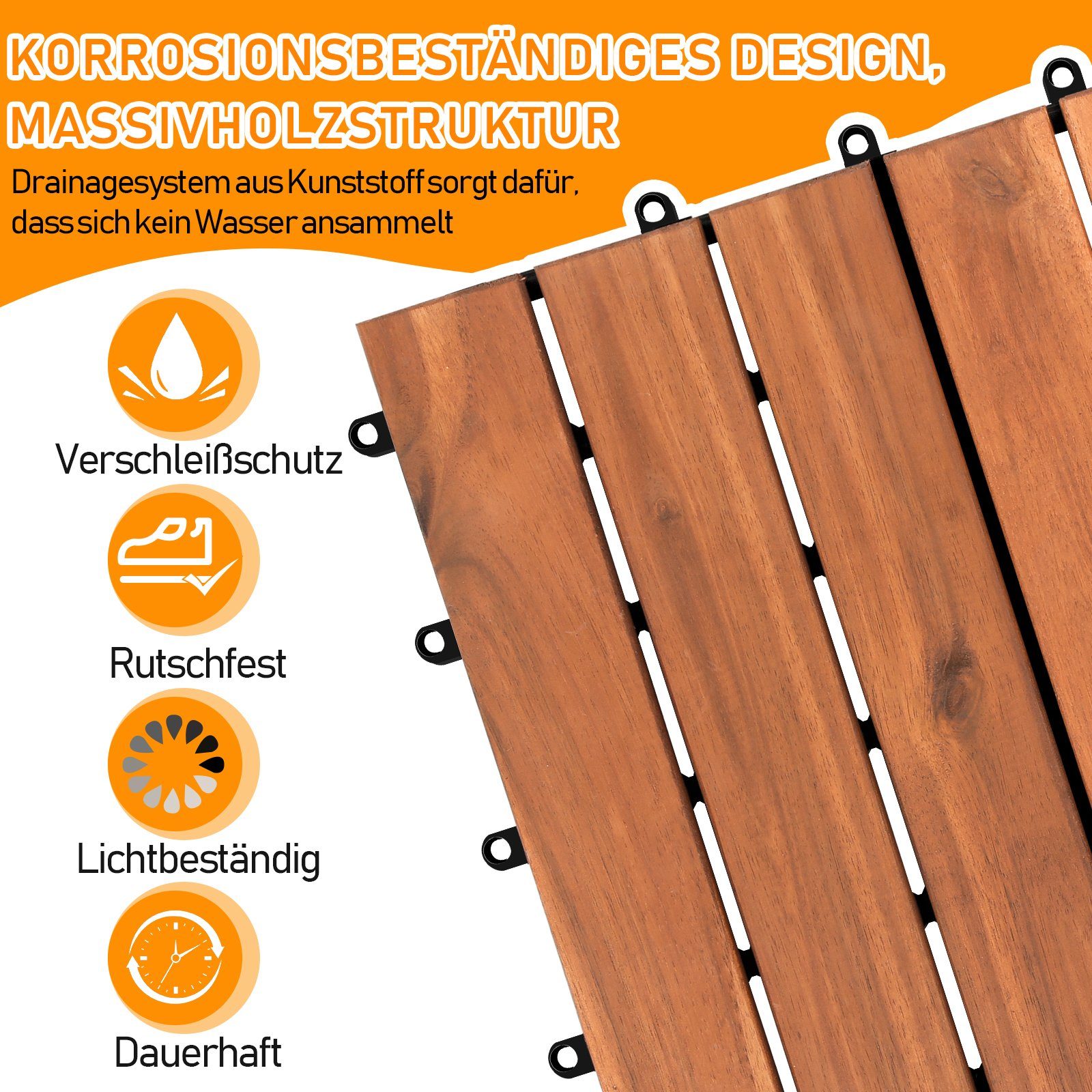 Lospitch Holzfliesen Holzfliesen aus Akazien 1m², Bodenfliesen, Fliese Terrassenfliesen 30 als 30cm Holz, Balkonfliesen geeignet * und