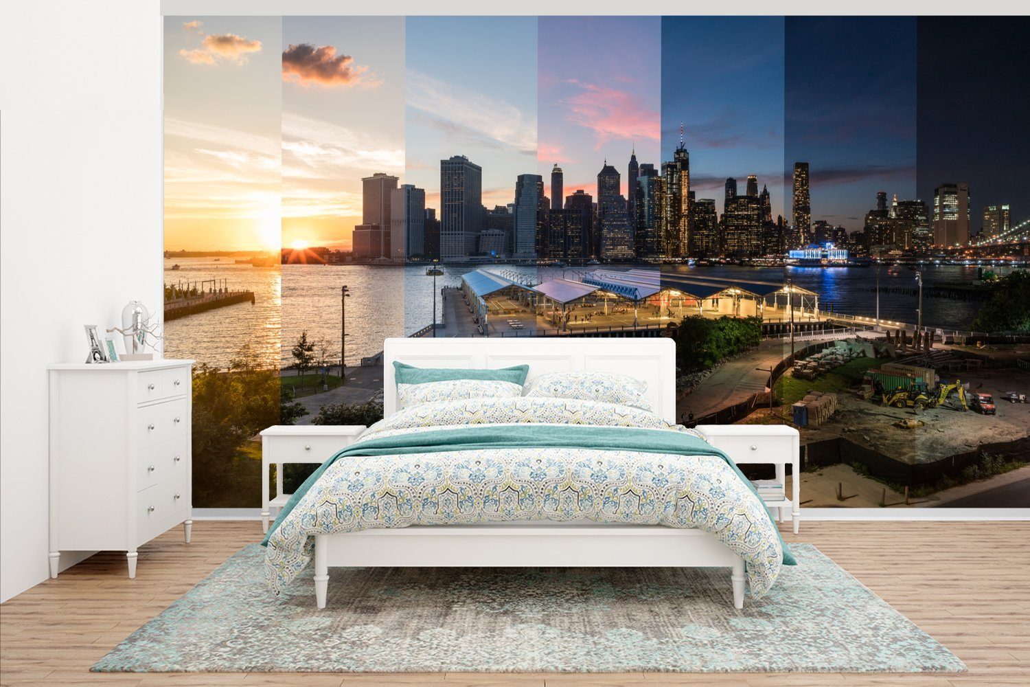 MuchoWow Fototapete New York - Skyline - USA, Matt, bedruckt, (7 St), Vliestapete für Wohnzimmer Schlafzimmer Küche, Fototapete