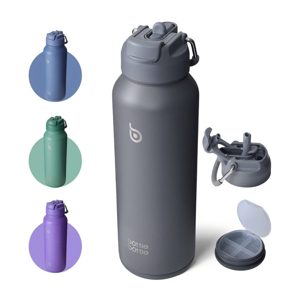 BOTTLE BOTTLE Trinkflasche Sport-Trinkflasche, Edelstahl, isoliert, mit Strohhalm und Pillenhalter, 1L