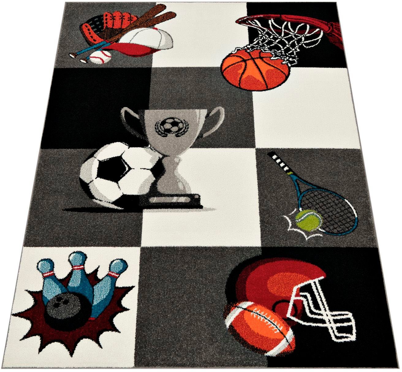 Paco Home Kinderteppich ECE 962, rechteckig, Höhe: 14 mm, Kurzflor, Motiv Sportarten (Fußball, Tennis, Basketball), Kinderzimmer