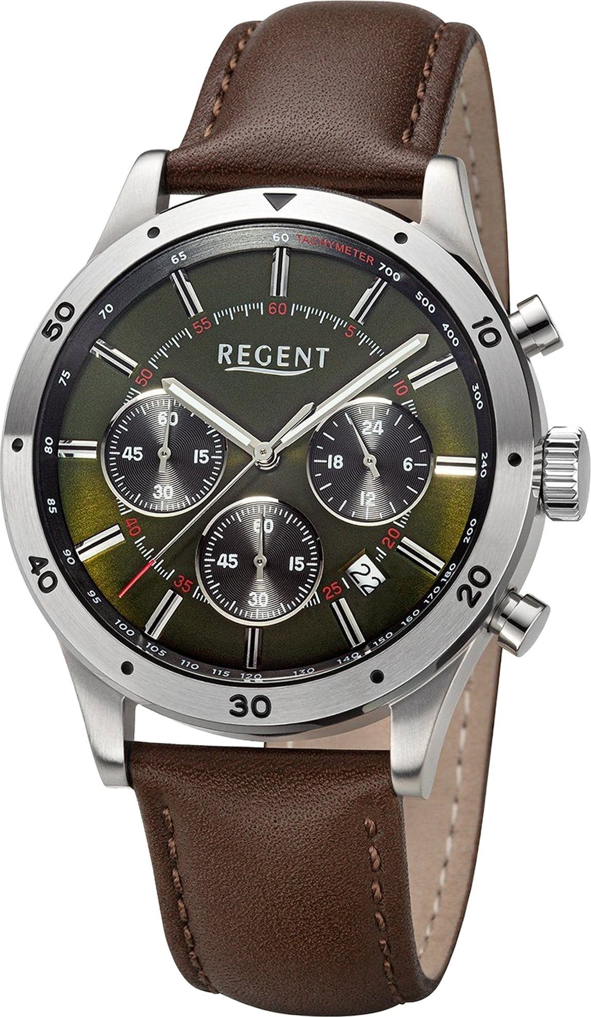 Regent Quarzuhr Regent Herren Armbanduhr Analog, Herren Armbanduhr rund, extra groß (ca. 41mm), Lederarmband grün