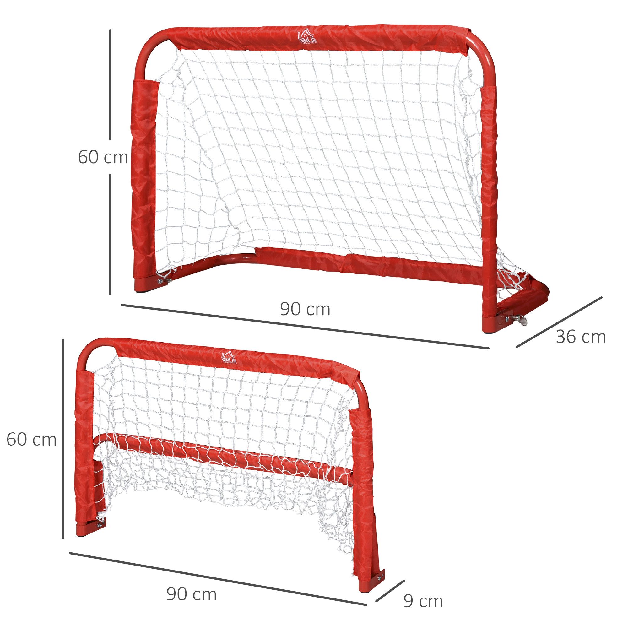 HOMCOM Fußballtor Klappbar Fussballtore mit Metallrahmen für Kinder und Erwachsene (Fußballnetz, 2 St., inkl. Heringe und Werkzeug), Garten, 90 x 36 x 60 cm, Rot
