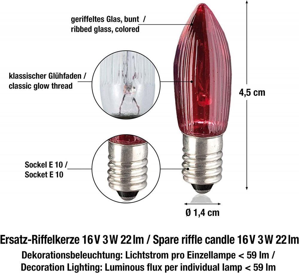 LED-Leuchtmittel 16V 3 Riffelkerze 3W Hellum E10 bunt Hellum x