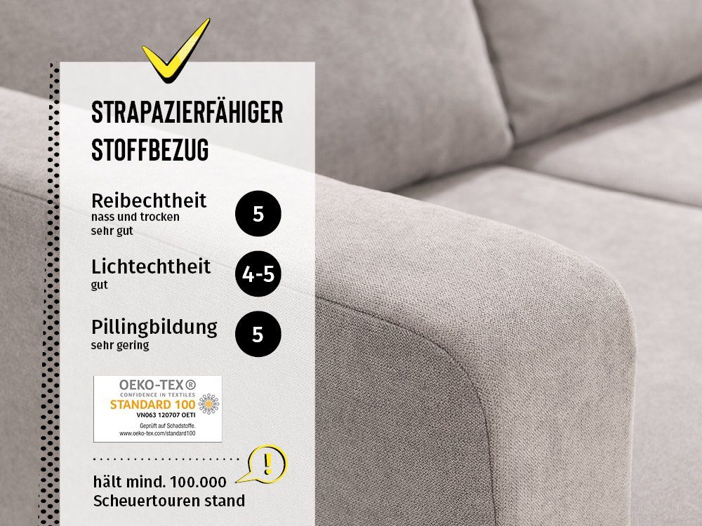 Longchair, L-Form, made zerlegbares erweiterbar, Kaltschaum, KAUTSCH.com System, LOTTA, abnehmbarer Ecksofa, 4-Sitzer grau-blau in Wellenfederung, modular hochwertiger Europe