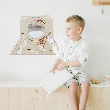 Namofactur Dekospiegel Holz Motiv Spiegel für Astronauten & Raumfahrer, Lampe für Kinder, Wandspiegel mit Holzrahmen 'Astronaut' inkl. LED Beleuchtung Licht