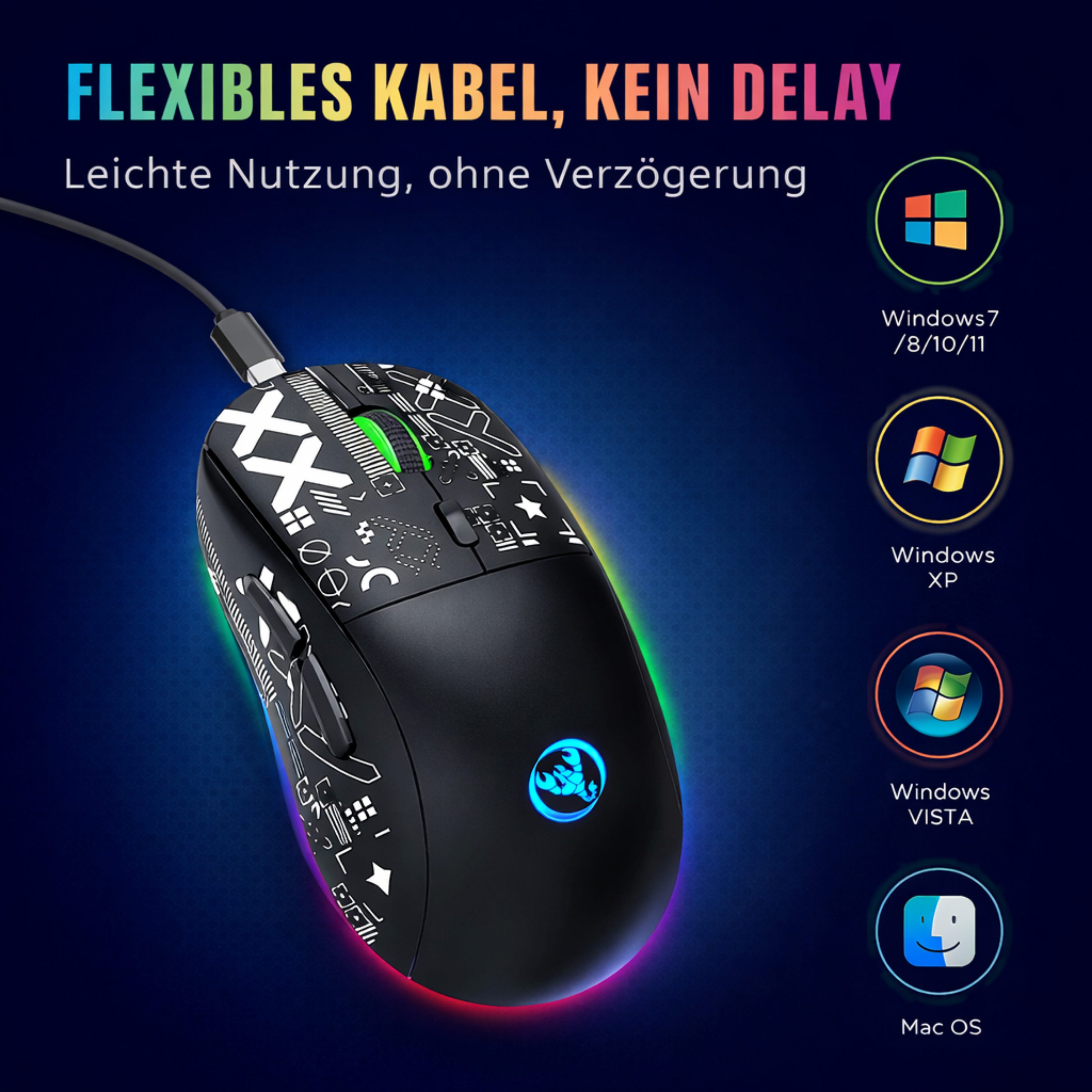 RUHE RGB Gaming Maus Kabellos Wireless Leise Maus Beleuchtung Plug & Play Gaming-Maus (Bluetooth, Funk, kabelgebunden, 3 Geräte Verbindung, Drahtlos, Optische M – Bild 4 von 5