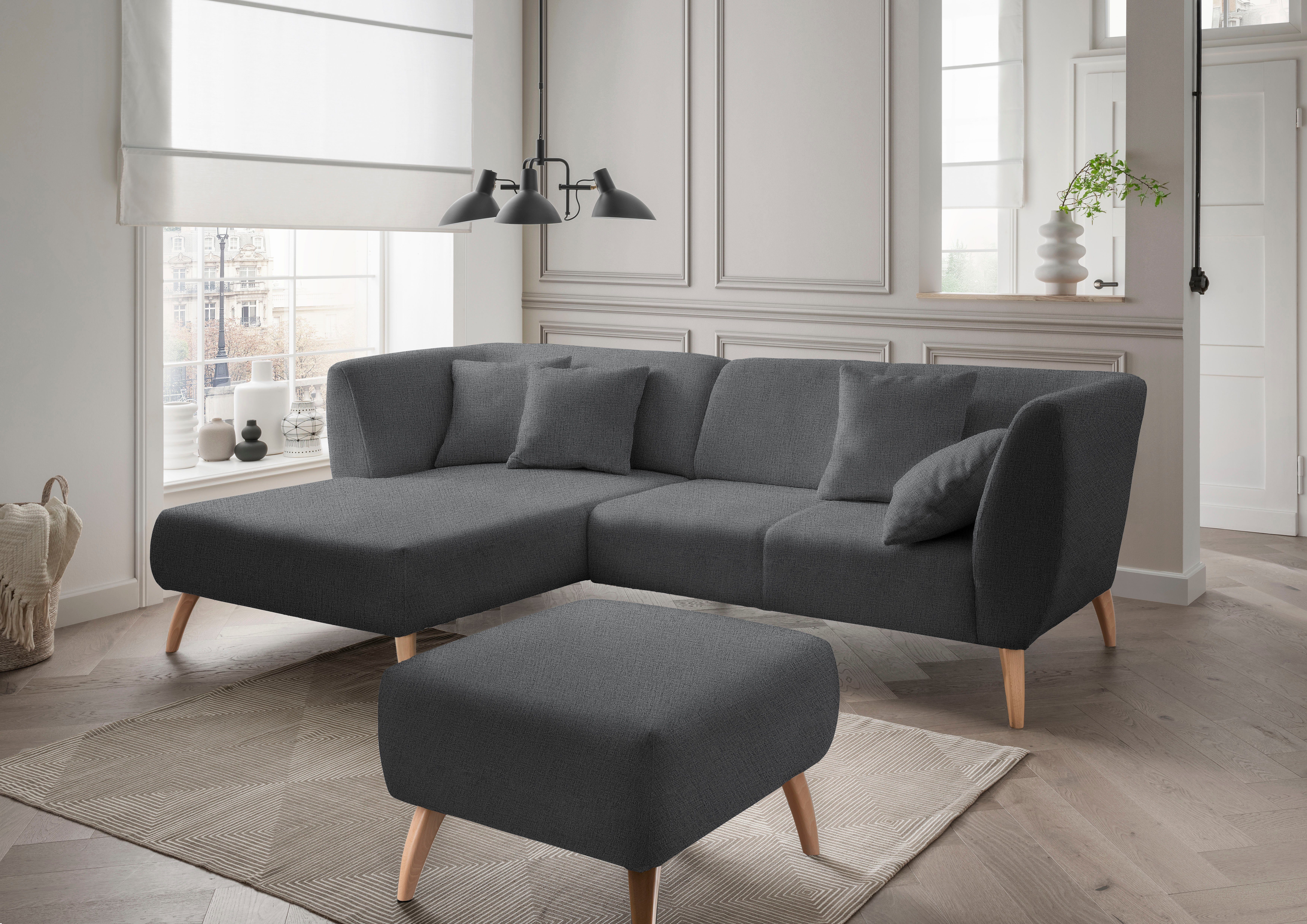 Home affaire Ecksofa Lazio modern und bequem, schmale Armlehnen, tolle Detailverarbeitung, Holzfußfarbe wählbar, inkl. 4x Zierkissen