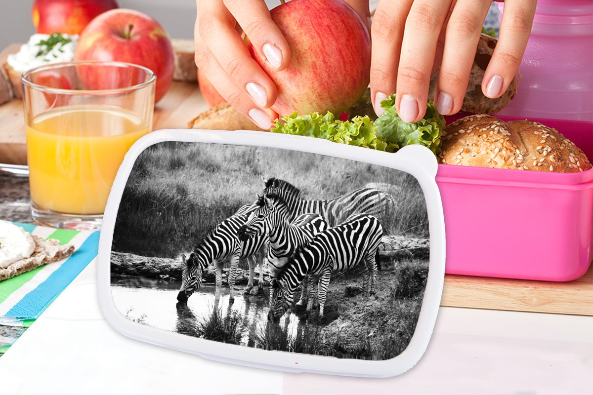 Lunchbox Snackbox, Trinkende Mädchen, Brotbox Erwachsene, Kinder, MuchoWow Kunststoff, Brotdose für Kunststoff (2-tlg), Zebras, rosa