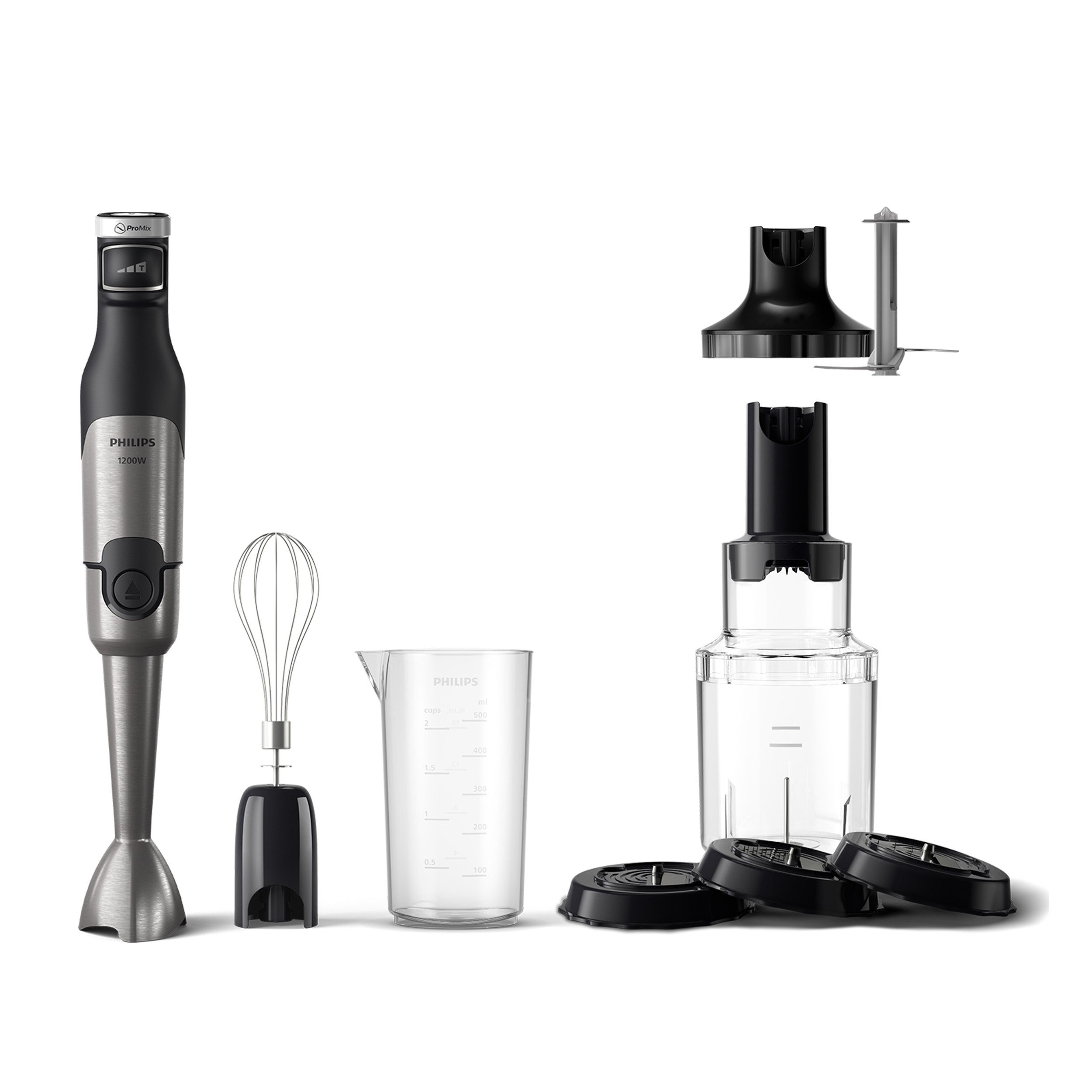 Philips Stabmixer HR2684/00 5000 Series, mit ProMix-Technologie, Becher, 1200 W, Schneebesen, Spiralschneider und XL-Zerkleinerer; Edelstahl/Schwarz