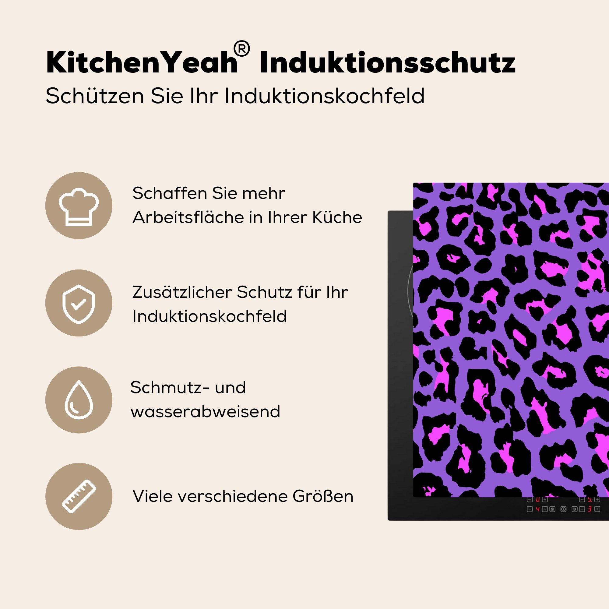MuchoWow Herdblende-/Abdeckplatte Vinyl, für Rosa Neon, Induktionskochfeld 58x51 cm, Induktionsherd, - Küchen - (1 tlg), Dekoration - Lila Pantherdruck