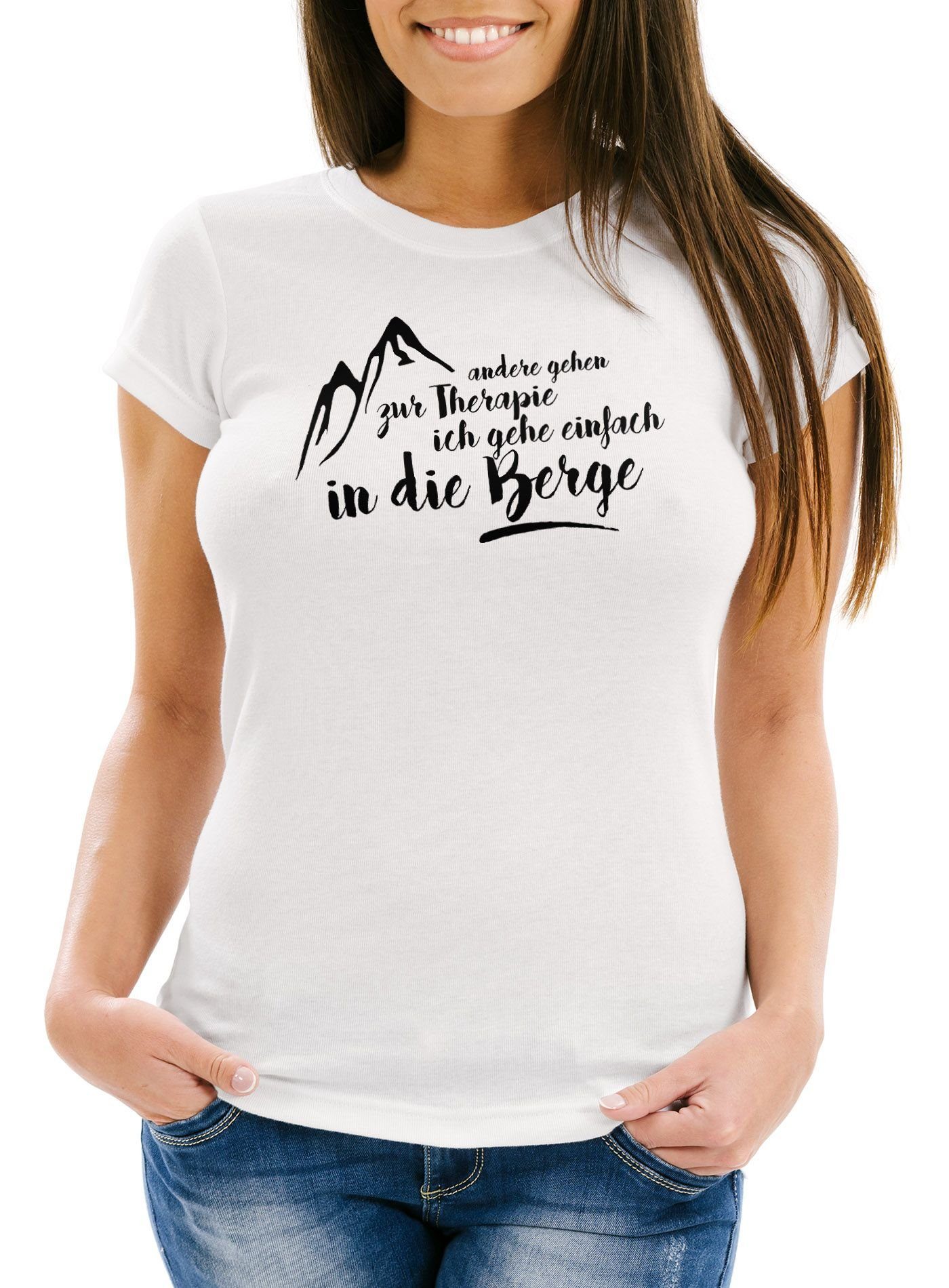 MoonWorks Print-Shirt Damen T-Shirt Wandern andere gehen zur Therapie, ich gehe einfach in die Berge Slim Fit Moonworks® mit Print weiß