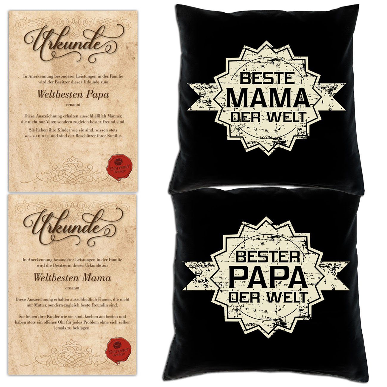 Soreso® Dekokissen Kissen-Set Bester Papa der Welt Stern Beste Mama der Welt Stern mit Urkunden, Geschenk Weihnachten Eltern schwarz